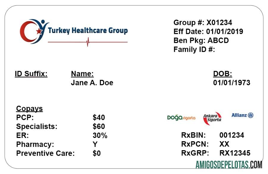 Cartão de seguro saúde da Turquia amostra
